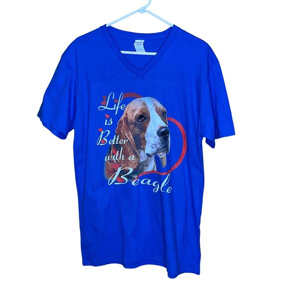 Graphic Tee Blue Life Is Better With a Beagle V-neck L New - Picture 1 of 4